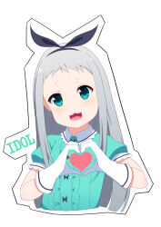  1boy :3 :d black_hairband black_outline blend_s blush center_frills collared_shirt commentary_request cropped_torso crossdressing crossdressing_(mtf) frills furrowed_brow gloves green_eyes green_shirt grey_background grey_hair hairband heart heart_hands kanzaki_hideri kushiro_jin long_hair long_sidelocks looking_at_viewer male_focus open_mouth outline own_hands_together puffy_short_sleeves puffy_sleeves shirt short_eyebrows short_sleeves sidelocks simple_background smile solo stile_uniform trap upper_body white_gloves white_outline 