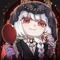  1girl absurdres black_background black_dress black_veil chibi closed_mouth commentary dress english_commentary fangs hand_mirror hands_up highres holding holding_mirror looking_at_viewer mirror official_alternate_costume ratanan reverse:1999 semmelweis_(reverse:1999) semmelweis_(the_wax_and_wane_of_the_heart)_(reverse:1999) skin_fangs smile solo upper_body veil white_hair yellow_eyes 