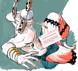  1boy bandana blonde_hair bracelet burning_nipple earrings enel foreshortening grin highres jewelry long_earlobes looking_at_viewer male_focus muscular muscular_male one_piece request_inset sketch smile solo topless_male 