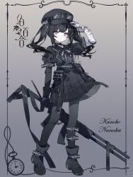  1girl ammunition_pouch arm_belt asymmetrical_gloves bandaged_arm bandaged_hand bandages black_choker black_coat black_dress black_gloves black_hair black_hat black_pantyhose black_ribbon black_shoes character_name choker coat collared_dress commentary dress gloves goggles goggles_on_headwear gradient_background grey_background grey_eyes gun hair_ornament hand_on_headwear hat highres holding holding_gun holding_weapon kazekami_chino kurobe_nanoka leg_belt long_hair looking_at_viewer mahou_shoujo_no_majo_saiban neck_ribbon pantyhose plaid_clothes plaid_dress pouch ribbon rifle shoes solo twintails untranslatable_commentary watermark weapon 