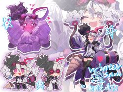  1girl black_hair chibi chibi_inset commission drill duel_monster extra_arms fang gloves goggles goggles_on_head highres holding holding_test_tube lab_coat long_sleeves multicolored_hair open_mouth pink_eyes second-party_source sleeves_past_fingers sleeves_past_wrists smile test_tube thigh-highs twitter_username two-tone_hair vanquish_soul_dr._mad_love white_hair winter_snow yu-gi-oh! zoom_layer 