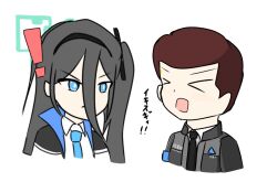  ! 1boy 1girl android aris_(blue_archive) black_hair blue_archive blue_eyes blue_halo brown_hair commentary_request connor_(detroit) detroit:_become_human grey_jacket hairband halo jacket long_hair necktie nisui_1208 open_mouth shirt white_background white_shirt 