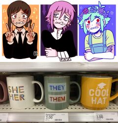  1boy 1girl 1other androgynous antenna_hair artist_name basil_(headspace)_(omori) basil_(omori) black_necktie blue_overalls blush brown_eyes brown_hair chainsaw_man coffee_mug collared_shirt commentary crona_(soul_eater) crossed_arms cup double-parted_bangs double_v english_commentary flower flower_wreath green_hair green_shirt hair_between_eyes hair_ornament hairclip head_wreath higashiyama_kobeni highres looking_at_viewer meme_request mole mole_under_eye mole_under_mouth mug musical_note necktie nervous nervous_sweating omori open_mouth osulan overalls parallel_hairclips pink_hair red_eyes shirt short_hair short_sleeves sidelocks soul_eater sweat t-shirt teeth v violet_eyes white_shirt 