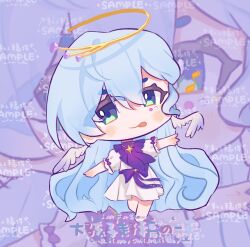  1girl absurdly_long_hair aqua_eyes barefoot blue_hair bow bowtie brooch chibi chinese_commentary commentary_request commission dress eyes_visible_through_hair feathered_wings four-pointed_star frilled_sleeves frills hair_between_eyes halo head_wings honkai:_star_rail honkai_(series) jewel_under_eye jewelry long_hair medium_dress musical_note outstretched_arm pleated_dress puffy_short_sleeves puffy_sleeves purple_background purple_bow purple_bowtie robin_(honkai:_star_rail) sample_watermark short_sleeves sleeve_bow solo star_brooch too_many_watermarks very_long_hair waist_bow watermark white_dress white_wings wings yellow_halo zhixu_(8331862402) zoom_layer 