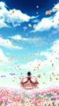  1girl bowl clouds field flower flower_field hat highres japanese_clothes kimono mallet outstretched_arms petals purple_hair satou_yuuki short_hair sky solo sukuna_shinmyoumaru touhou 