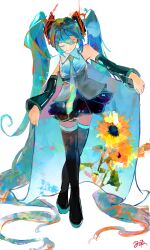  1girl absurdly_long_hair absurdres aqua_hair aqua_necktie black_boots black_skirt black_sleeves boots breasts cape cape_hold closed_eyes closed_mouth commentary_request detached_sleeves double_dougnuts facing_down flower grey_shirt hair_between_eyes hair_ornament hatsune_miku highres long_hair miniskirt necktie shirt sidelocks signature single_bare_shoulder skirt small_breasts smile solo sunflower thigh_boots twintails very_long_hair vocaloid white_background white_cape yellow_flower zettai_ryouiki 
