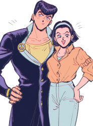  1boy 1girl commentary_request diamond_wa_kudakenai earrings gakuran higashikata_josuke higashikata_tomoko jewelry jojo_no_kimyou_na_bouken long_sleeves mother_and_child mother_and_son oniyama831 open_mouth parent_and_child peace_symbol pompadour school_uniform short_hair simple_background stud_earrings 