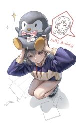  2girls absurdres anon_tokyo_(bang_dream!) bang_dream! bang_dream!_it's_mygo!!!!! blue_hoodie bobadd box brown_eyes cardboard_box chihaya_anon chinese_commentary commentary_request grey_hair hair_between_eyes happy_birthday highres hood hood_down hoodie long_sleeves multiple_girls open_mouth puff_of_air short_hair simple_background stuffed_animal stuffed_penguin stuffed_toy takamatsu_tomori white_background 
