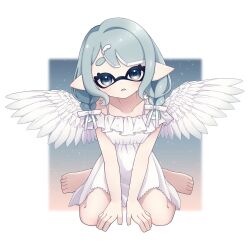  1girl angel_wings arms_between_legs barefoot blue_background blue_eyes blue_hair blue_tongue brown_background collarbone colored_tongue commentary_request dress frilled_dress frills gradient_background hair_ornament hair_ribbon highres inkling inkling_girl inkling_player_character looking_at_viewer open_mouth pointy_ears ribbon short_eyebrows sitting solo sparkle_background splatoon_(series) sushizanmai0524 tentacle_hair thick_eyebrows thighs toes wariza white_background white_dress white_ribbon white_wings wing_hair_ornament wings 