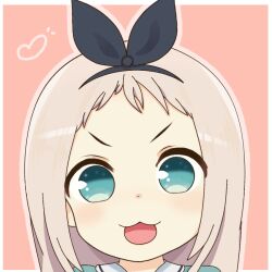  1boy :3 :d black_hairband blend_s border close-up commentary_request ganbear_(gansan10582) green_eyes green_shirt grey_hair hairband heart kanzaki_hideri light_blush long_hair looking_at_viewer male_focus open_mouth outline outside_border pink_background pink_outline portrait shirt sidelocks simple_background smile solo stile_uniform straight-on trap v-shaped_eyebrows variant_set white_border 