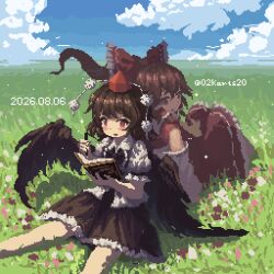  02charaice20 2girls absurdres ascot back-to-back bird_wings black_necktie black_wings blue_sky blush bow brown_eyes brown_hair clouds commentary_request dated day detached_sleeves frilled_bow frilled_hair_tubes frilled_skirt frills grass hair_bow hair_tubes hakurei_reimu hat highres holding holding_pen long_hair medium_hair multiple_girls necktie on_ground open_mouth outdoors pen pixel_art pom_pom_(clothes) puffy_short_sleeves puffy_sleeves red_bow red_eyes red_hat red_skirt ribbon-trimmed_sleeves ribbon_trim shameimaru_aya short_sleeves sitting skirt skirt_set sky smile tokin_hat touhou twitter_username wings yellow_ascot 