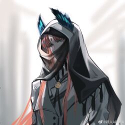  1boy aqua_eyes arknights black_cloak black_veil blurry blurry_background bolo_tie chinese_commentary cloak coat commentary crabwzzzz expressionless forehead_jewel head_wings head_wings_through_hood highres hood hood_up hooded_cloak lapels long_hair looking_at_viewer male_focus mouth_veil orange_hair parted_bangs parted_lips passenger_(arknights) red_pupils shirt sidelighting solo tassel upper_body veil very_long_hair watermark weibo_watermark white_coat white_shirt wings 