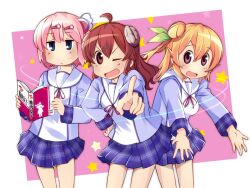  3girls :d ahoge arawi_keiichi_(style) blue_eyes blue_shirt book brown_eyes chiyoda_momo chuutaro_metal closed_mouth commentary_request curled_horns demon_girl demon_horns expressionless green_ribbon hair_between_eyes hair_bun hair_ornament hair_ribbon hairclip hand_on_own_hip hinatsuki_mikan holding holding_book horns hyadain_no_kakakata_kataomoi_-_c index_finger_raised long_sleeves looking_at_viewer machikado_mazoku miniskirt multiple_girls nichijou no_nose one_eye_closed one_side_up open_book open_hands open_mouth orange_hair outstretched_arms parody pink_hair plaid_clothes plaid_skirt purple_skirt red_hair red_ribbon ribbon sailor_collar school_uniform shirt short_hair single_side_bun skirt smile standing star_(symbol) style_parody white_sailor_collar yoshida_yuuko 