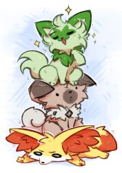  absurdres black_eyes bloominglynx cat closed_eyes commentary dog english_commentary fang fennekin fox highres lying no_humans pokemon pokemon_(creature) pokemon_focus rockruff sitting sparkle sprigatito wide_oval_eyes 