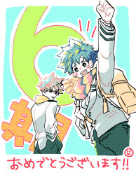  2boys :d aqua_background aqua_hair arm_up backpack bag bakugou_katsuki ben-day_dots blazer blonde_hair blonde_streaks blue_streaks blush blush_stickers boku_no_hero_academia border bright_pupils buttons clenched_hand commentary_request congratulations cowboy_shot dot_nose double_horizontal_stripe eyebrows_hidden_by_hair fist_pump freckles fringe_trim green_eyes green_pants grey_jacket hand_in_pocket hand_up highres holding_strap jacket lapels long_sleeves looking_at_viewer looking_back male_focus midoriya_izuku multicolored_hair multicolored_scarf multiple_boys nao_(n_sai_ao) notched_lapels notice_lines open_mouth outline outside_border pants parted_lips partial_commentary plain_epaulettes raised_fist red_eyes scarf school_uniform scowl screentones shirt short_hair simple_background smile spiky_hair streaked_hair text_background thick_outlines translation_request turning_head u.a._school_uniform white_border white_outline white_pupils white_shirt yellow_bag yellow_scarf 