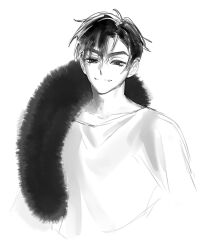  1boy alien_stage closed_mouth fang fang_out feather_boa highres ivan_(alien_stage) male_focus official_alternate_costume red_pupils shirt short_hair solo thick_eyebrows tteomisu very_short_hair 