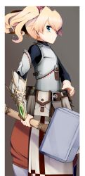  1girl armor belt belt_pouch black_bodysuit blonde_hair blue_eyes bodysuit brown_belt closed_mouth commentary_request fortress_(sekaiju) fortress_2_(sekaiju) hair_between_eyes hammer highres holding holding_hammer long_hair looking_at_viewer momo_(higanbana_and_girl) pants pouch red_pants sekaiju_no_meikyuu sekaiju_no_meikyuu_4 solo standing twintails 