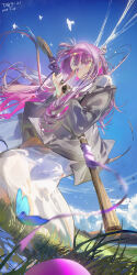  1girl absurdres bird black_coat blue_sky closed_mouth coat commentary_request dress fern_(sousou_no_frieren) floating_hair from_below grass hair_ornament highres holding holding_staff koi_hh long_dress long_hair looking_at_viewer mage_staff off_shoulder purple_hair simple_bird sky solo sousou_no_frieren staff violet_eyes white_dress 
