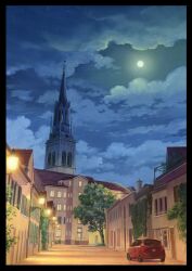 black_border border building car clouds cloudy_sky commentary english_commentary european_architecture full_moon highres lantern moon motor_vehicle night no_humans original outdoors red_car sawitou_mizuki scenery sky tower tree 