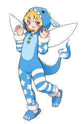  1girl alternate_costume animal arms_up blonde_hair blue_fire blue_pajamas clownpiece commentary_request fairy_wings fire flame-tipped_tail full_body gao highres looking_at_viewer pajamas red_eyes simple_background slippers solo star_(symbol) striped_clothes tail touhou ushidaihuku white_background wings 