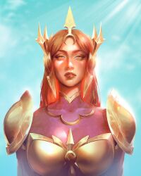  1girl absurdres armor blue_sky breasts brown_eyes eyeshadow forehead_protector hair_ornament highres league_of_legends leona_(league) lips long_hair looking_at_viewer makeup orange_hair parted_lips portrait shoulder_armor sky solo sunlight wanda_(wandakun) 