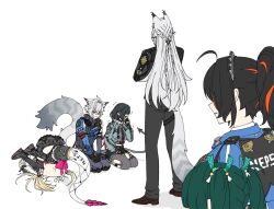  2boys 4girls animal_ears black_hair black_pants blonde_hair cat_boy cat_ears cat_tail cissia_(zenless_zone_zero) commentary_request crack cracked_floor green_hair grey_hair hairband highres in_trouble_template_(meme) jane_doe_(zenless_zone_zero) long_hair meme metal_hairband minarai48 mouse_ears mouse_girl mouse_tail multicolored_hair multiple_boys multiple_girls pants police police_uniform policeman policewoman qingyi_(zenless_zone_zero) red_streaks scolding seiza seth_lowell severian_lowell sharp_tail sitting snake_girl snake_tail streaked_hair tail through_ground white_background zenless_zone_zero zhu_yuan 