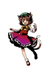  1girl absurdres animal_ear_fluff animal_ear_piercing animal_ears bow bowtie brown_hair cat_ears cat_tail chen commentary_request earrings fang frilled_skirt frills green_hat hat highres hoop_earrings jewelry limone_illust long_sleeves looking_at_viewer mary_janes mob_cap multiple_tails nekomata open_mouth red_eyes red_shoes red_skirt red_vest shirt shoes single_earring skin_fang skirt smile socks solo tail touhou two_tails vest white_shirt white_socks yellow_bow yellow_bowtie 