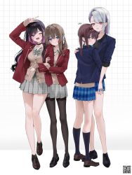  4girls :d arm_hug arm_up asymmetrical_bangs black_choker black_hair black_hairband black_pantyhose black_shirt black_shoes black_socks blazer blue_eyes blue_jacket blue_skirt blush bow bowtie breasts brown_bow brown_bowtie brown_cardigan brown_hair brown_shoes cardigan choker closed_mouth colored_inner_hair commentary_request couple fingernails grey_hair grey_skirt grid_background hair_ornament hair_ribbon hairband hairclip hand_on_another's_shoulder height_difference highres hug jacket layered_sleeves leg_up loafers long_hair long_sleeves looking_at_viewer looking_back miniskirt multicolored_hair multiple_girls multiple_hairclips nail_polish one_eye_closed open_clothes open_jacket open_mouth original pantyhose penny_loafers pink_eyes pink_nails plaid_clothes plaid_skirt pleated_skirt purple_hair red_jacket ribbon shirt shoes short_hair skirt sleeves_rolled_up smile socks standing turning_head twintails v violet_eyes white_background white_ribbon yuri yuuyu_(moco20111115) 