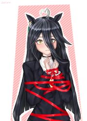  1girl absurdres ahoge animal_ears artist_name black_choker black_coat black_hair blunt_ends bound choker coat collared_shirt commentary ear_ornament ear_tag earrings expressive_hair hair_between_eyes heart heart_ahoge highres hohizora horse_ears horse_girl jewelry long_bangs long_hair long_hair_between_eyes manhattan_cafe_(umamusume) necktie parted_lips ribbon ribbon_bondage shirt single_earring solo umamusume variant_set very_long_hair white_hair white_shirt yellow_eyes yellow_necktie 