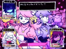  1boy 1other 3girls :d ^_^ closed_eyes covered_eyes double_gyaru_v dual_persona fang finger_gun gameplay_mechanics geldslzcyf59548 ghost_pink_(deltarune) glasses green_eyes grin gyaru_v hair_over_eyes heads-up_display heart heart_necklace highres jewelry kris_(dark_world)_(deltarune) kris_(deltarune) looking_at_viewer mad_mew_mew multiple_girls necklace omori one_eye_closed parody ralsei skin_fang smile susie_(dark_world)_(deltarune) susie_(deltarune) translation_request user_interface v v-shaped_eyebrows 