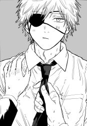  2boys absurdres adam's_apple chainsaw_man closed_mouth clothes_grab denji_(chainsaw_man) dress_shirt eyepatch grey_background greyscale hand_on_another's_shoulder highres light_blush looking_at_viewer male_focus mekill215280 monochrome multiple_boys necktie necktie_grab neckwear_grab shirt short_hair simple_background solo_focus 