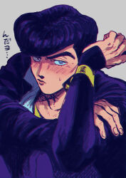 1boy blue_eyes blush commentary_request diamond_wa_kudakenai gakuran higashikata_josuke jojo_no_kimyou_na_bouken long_sleeves oniyama831 pompadour school_uniform simple_background solo sweat 