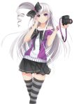  1girl bare_shoulders camera hair_ribbon highres long_hair looking_at_viewer original ribbon rizky_(strated) side_ponytail silver_hair skirt smile striped striped_legwear thigh-highs violet_eyes 