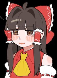  1girl animated animated_gif ascot blush bow brown_eyes brown_hair collared_shirt commentary_request detached_sleeves frilled_bow frilled_hair_tubes frills hair_bow hair_tubes hakurei_reimu highres hinohari_(user_wzxk7585) long_hair looping_animation open_mouth red_bow red_shirt ribbon-trimmed_sleeves ribbon_trim shirt simple_background snot solo tearing_up touhou transparent_background upper_body yellow_ascot 