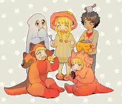  2boys 3girls aged_down animal_costume black_hair blonde_hair blue_eyes braid brother_and_sister brown_eyes candy cerberus_costume cheese closed_eyes commentary_request dark-skinned_male dark_skin dragon_costume dryad_fruit_(dungeon_meshi) dungeon_meshi eating elf fake_blood falin_touden food fork gerende15 ghost_costume green_eyes halloween halloween_costume holding holding_fork kabru laios_touden marcille_donato meat multiple_boys multiple_girls mushroom_costume onesie pointy_ears puffy_cheeks rin_(dungeon_meshi) siblings sweatdrop twin_braids yellow_eyes 