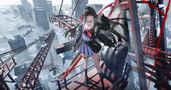  1girl absurdres ata-zhubo black_hair building chisa_(wuthering_waves) clouds cloudy_sky commentary crane_(machine) highres looking_at_viewer original pixiv scenery sky standing tower wuthering_waves 