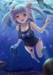  1girl blue_hair blush breasts bubble cleavage fang fish hair_ribbon highres i-19_(kantai_collection) kantai_collection long_hair open_mouth red_eyes ribbon school_swimsuit smile solo sonikey0_0 star star-shaped_pupils swimming swimsuit symbol-shaped_pupils twintails underwater v water 