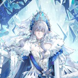  1girl anastasya_feodorovna_snezhnaya back_bow bare_shoulders blue_background blue_bow blue_eyes blue_gem blue_sash bow breasts chinese_commentary circlet collarbone colored_eyelashes commentary_request cross-shaped_pupils dress drill_hair drill_sidelocks earrings elbow_gloves floating_earrings floating_hair fur-trimmed_robe fur_trim gem genshin_impact gloves grey_hair hair_between_eyes hand_up highres jewelry kokoshnik looking_at_viewer lv_zhu_xuan medium_breasts pendant pointy_ears robe royal_robe sash short_hair_with_long_locks sidelocks solo standing strapless strapless_dress symbol-shaped_pupils teeth upper_body veil wavy_hair white_dress white_gloves white_robe white_veil yellow_gem 