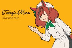  1girl :d ;d animal_ears arm_behind_back brown_hair buttons chef chef_hat commentary double-breasted ear_covers english_commentary english_text green_neckerchief grey_eyes hand_up hat horse_ears horse_girl jacket leaning_forward looking_at_viewer medium_hair myticalcat neckerchief nice_nature_(umamusume) one_eye_closed open_mouth simple_background smile solo twintails umamusume white_hat white_jacket yellow_background 