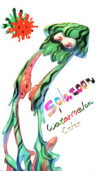  absurdres copyright_name food fruit highres inkling_(swim_form) inkling_player_character no_humans p!k@ru red_eyes solo splatoon_(series) watermelon watermelon_seeds white_background 