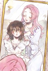  2girls aged_down blush brown_hair closed_eyes clothes_hanger clothes_in_front collarbone commentary dress green_shirt hair_between_eyes hanazono_hahari hands_on_another's_shoulders highres indoors jewelry kimi_no_koto_ga_dai_dai_dai_dai_daisuki_na_100-nin_no_kanojo long_hair long_sleeves medium_hair meido_mei messy_hair mirror multicolored_eyes multiple_girls necklace parted_lips pink_hair rainbow_eyes reflection reflection_focus sasarasa shirt smile unusually_open_eyes unworn_maid_apron wall_lamp white_dress wide_sleeves 