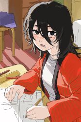  1girl black_eyes black_hair blush commentary_request drawing_(action) hair_between_eyes haori highres holding japanese_clothes kyomoto_(look_back) long_sleeves look_back looking_at_viewer messy_hair mole mole_under_mouth open_mouth paper pencil ruler shirt solo upper_body wawawa_2026 