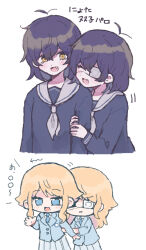  4girls :d absurdres angry antenna_hair arm_hug black_hair black_shirt blazer blonde_hair blue_eyes blue_jacket blue_necktie commentary_request esse_series eyepatch fang fully_genderswapped_group genderswap genderswap_(mtf) grey_neckerchief griffin_stewart hand_up happy highres jacket kobayashi_luca lapels long_hair medium_hair multiple_dual_persona multiple_girls neckerchief necktie noncanon_relatives okudo61 pleated_skirt school_uniform serafuku shirt short_hair siblings skirt smile translation_request twins white_skirt xx_(esse_series) yellow_eyes 