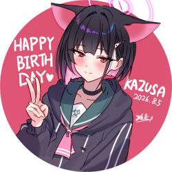  1girl animal_ears black_choker black_hair black_hoodie blue_archive blush cat_ears choker circle closed_mouth collarbone commentary_request hair_ornament hairclip halo happy_birthday highres hood hood_down hoodie kazusa_(blue_archive) pink_hair pink_halo portrait red_eyes sailor_collar short_hair sidelocks smile solo upper_body v yata_mawari 