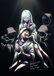  5girls absurdres amoris_(bang_dream!) ave_mujica_(bang_dream!) bang_dream! bang_dream!_it's_mygo!!!!! barefoot black_cloak blonde_hair blue_hair chinese_commentary cloak commentary_request doki_(oox3o) greyscale highres long_hair misumi_uika monochrome mortis_(bang_dream!) mortis_(costume)_(bang_dream!) multiple_girls navel sidelocks simple_background timoris_(bang_dream!) togawa_sakiko twintails violet_eyes wakaba_mutsumi white_background yahata_umiri yellow_eyes yuri yuutenji_nyamu 