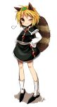  1girl animal_ears blonde_hair blush hands_on_hips harusame_(unmei_no_ikasumi) highres leaf leaf_on_head lunasa_prismriver raccoon_ears raccoon_tail solo tail touhou white_background wink yellow_eyes 