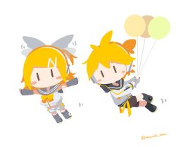  1boy 1girl arm_warmers balloon black_sailor_collar black_shoes black_shorts blonde_hair blush_stickers brother_and_sister chibi chibi_only commentary double-parted_bangs double_horizontal_stripe flying full_body grey_arm_warmers grey_sailor_collar highres holding holding_balloon kagamine_len kagamine_len_(nt) kagamine_rin kagamine_rin_(nt) long_sleeves mizushi_sora no_mouth sailor_collar shirt shoes short_hair shorts siblings sidelocks simple_background sleeveless sleeveless_shirt twins twitter_username untranslatable_commentary vocaloid white_background white_shirt white_shorts |_| 