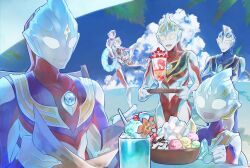  1other 6+boys :d aged_down alien artist_name beach blue_gem blue_skin blue_sky blueflame_blue carrying chair cherry chest_guard closed_mouth clouds cloudy_sky collarbone color_timer colored_skin commentary compound_eyes crossed_arms crystal cup day dessert dorsal_fin drinking_glass flower food forehead_jewel fruit gem glowing glowing_eyes gold_trim happy highres holding holding_spoon holding_tray horizon ice_cream ice_cream_float in-franchise_crossover innertube leg_up light_smile looking_at_another multicolored_skin multiple_boys multiple_scoops no_pupils ocean open_mouth orange_flower outdoors palm_tree pamphlet parfait parfait_glass pectorals piggyback purple_skin red_skin signature silver_skin sitting sky smile spine split_mouth spoon standing strawberry_parfait summer sundae swim_ring table teeth tokusatsu toned toned_male tray tree two-tone_skin ultra_series ultraman_agul ultraman_decker ultraman_decker_(flash_type) ultraman_decker_(series) ultraman_dinas ultraman_dyna ultraman_dyna_(flash_type) ultraman_dyna_(series) ultraman_gaia ultraman_gaia_(series) ultraman_tiga ultraman_tiga_(multi_type) ultraman_tiga_(series) ultraman_trigger ultraman_trigger_(multi_type) ultraman_trigger_(series) upper_teeth_only wading white_eyes 