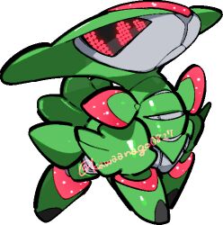  black_sclera chibi chibi_only closed_mouth colored_sclera commentary_request english_commentary full_body iron_leaves kawaanago lowres mixed-language_commentary no_humans non-humanoid_robot pink_eyes pixel_eyes pokemon pokemon_(creature) pokemon_focus robot robot_animal solo transparent_background twitter_username 