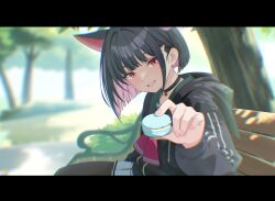  1girl animal_ears black_choker black_hair black_jacket black_pantyhose blue_archive cat_ears cat_girl choker colored_inner_animal_ears colored_inner_hair commentary_request extra_ears food green_sailor_collar grin highres holding holding_food jacket kazusa_(blue_archive) looking_at_viewer macaron multicolored_hair neckerchief outdoors pantyhose pink_hair pink_neckerchief pleated_skirt reaching reaching_towards_viewer red_eyes sailor_collar short_hair sitting skirt smile solo two-tone_hair u-ho_(uhokk00) white_skirt 